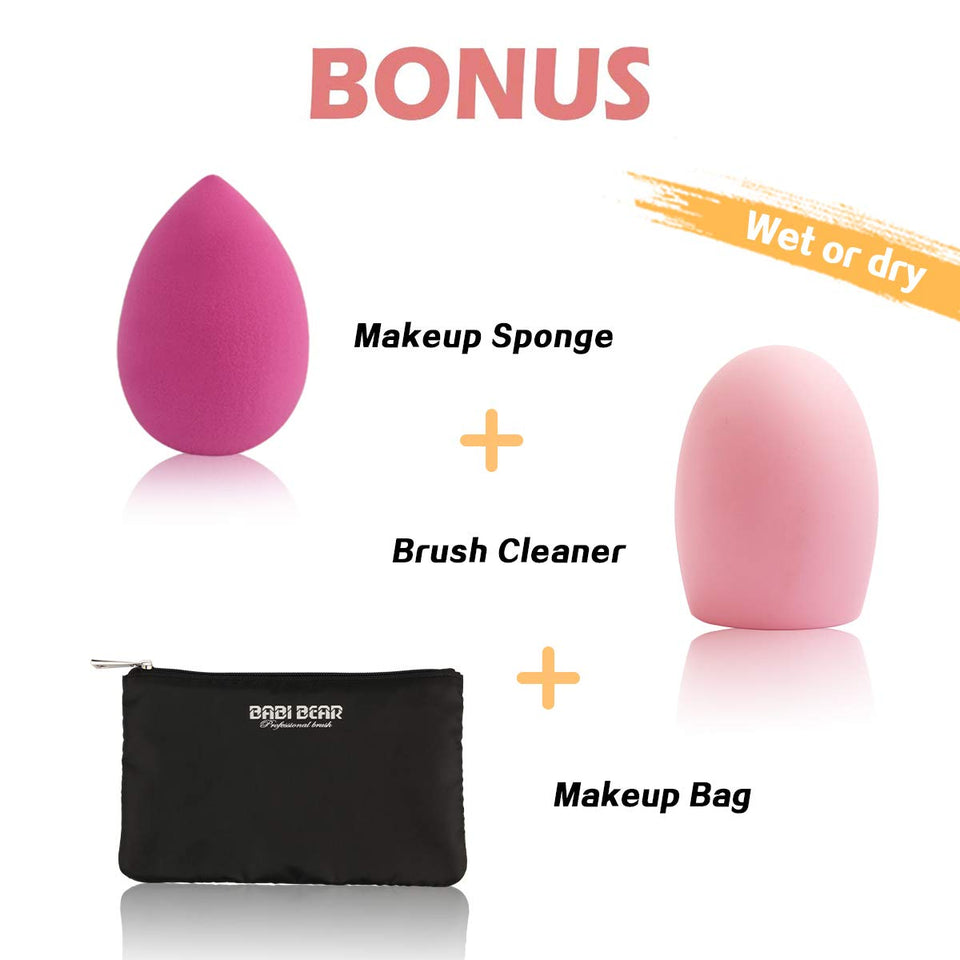 BABI BEAR 15 PCs Makeup Brushes Set Premium Synthetic Kabuki Foundation Brush Professional Wooden Handle Makeup Brush with Makeup Sponge Brush Cleaner and Travel Makeup Bag (15+3pcs,Rose Gold)