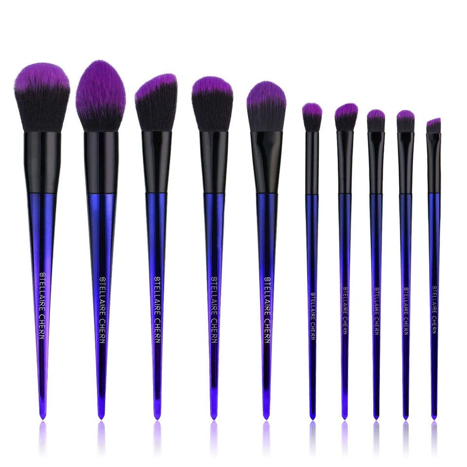 Stellaire Chern Makeup Brush Set, 10 Pcs Premium Synthetic Cosmetic Brushes, Foundation Blending Blush Powder Eye Shadow Make Up Brushes Kit - Purple & Black
