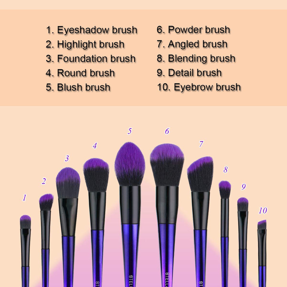Stellaire Chern Makeup Brush Set, 10 Pcs Premium Synthetic Cosmetic Brushes, Foundation Blending Blush Powder Eye Shadow Make Up Brushes Kit - Purple & Black