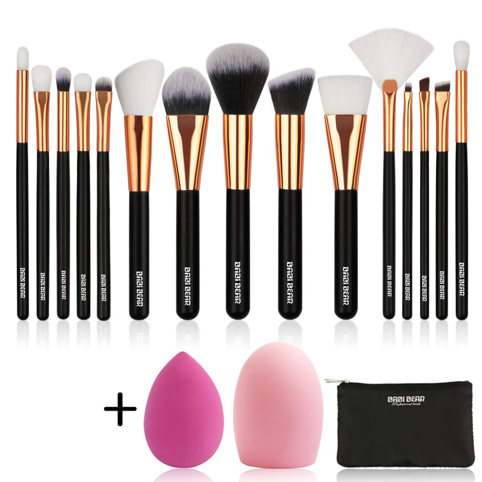 BABI BEAR 15 PCs Makeup Brushes Set Premium Synthetic Kabuki Foundation Brush Professional Wooden Handle Makeup Brush with Makeup Sponge Brush Cleaner and Travel Makeup Bag (15+3pcs,Rose Gold)