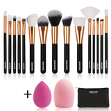 BABI BEAR 15 PCs Makeup Brushes Set Premium Synthetic Kabuki Foundation Brush Professional Wooden Handle Makeup Brush with Makeup Sponge Brush Cleaner and Travel Makeup Bag (15+3pcs,Rose Gold)