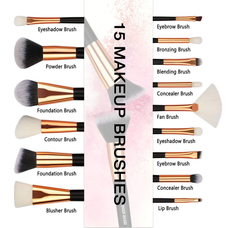 BABI BEAR 15 PCs Makeup Brushes Set Premium Synthetic Kabuki Foundation Brush Professional Wooden Handle Makeup Brush with Makeup Sponge Brush Cleaner and Travel Makeup Bag (15+3pcs,Rose Gold)