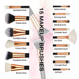 BABI BEAR 15 PCs Makeup Brushes Set Premium Synthetic Kabuki Foundation Brush Professional Wooden Handle Makeup Brush with Makeup Sponge Brush Cleaner and Travel Makeup Bag (15+3pcs,Rose Gold)