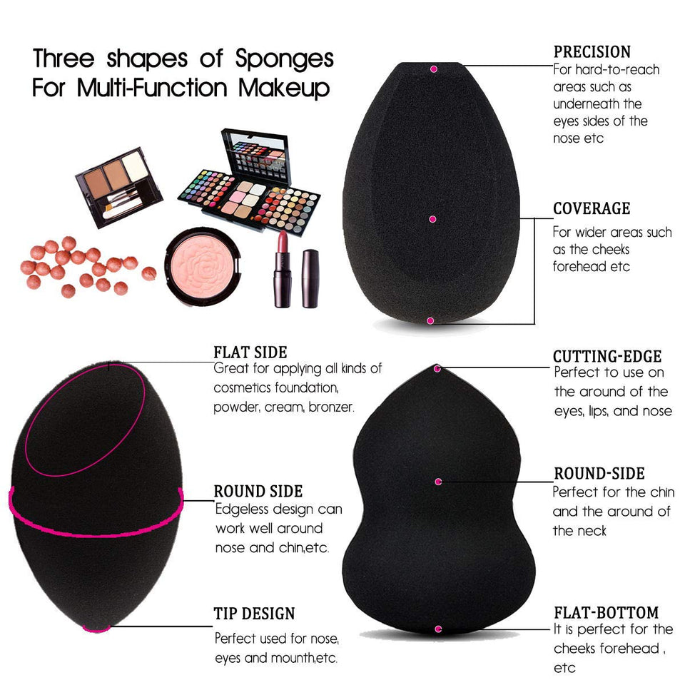 BEAKEY 3+1 Pcs Makeup Sponges with Kabuki Contour Brush, Professional Beauty Sponge Blenders with 3 Shapes, Perfect for Liquid Foundation, Cream and Powder (3 Sponges+ 1 Contour Brush)