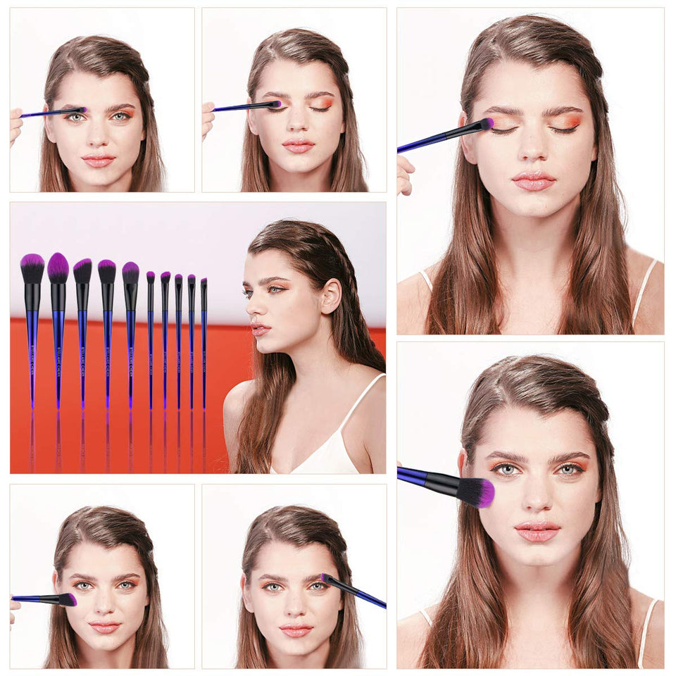 Stellaire Chern Makeup Brush Set, 10 Pcs Premium Synthetic Cosmetic Brushes, Foundation Blending Blush Powder Eye Shadow Make Up Brushes Kit - Purple & Black