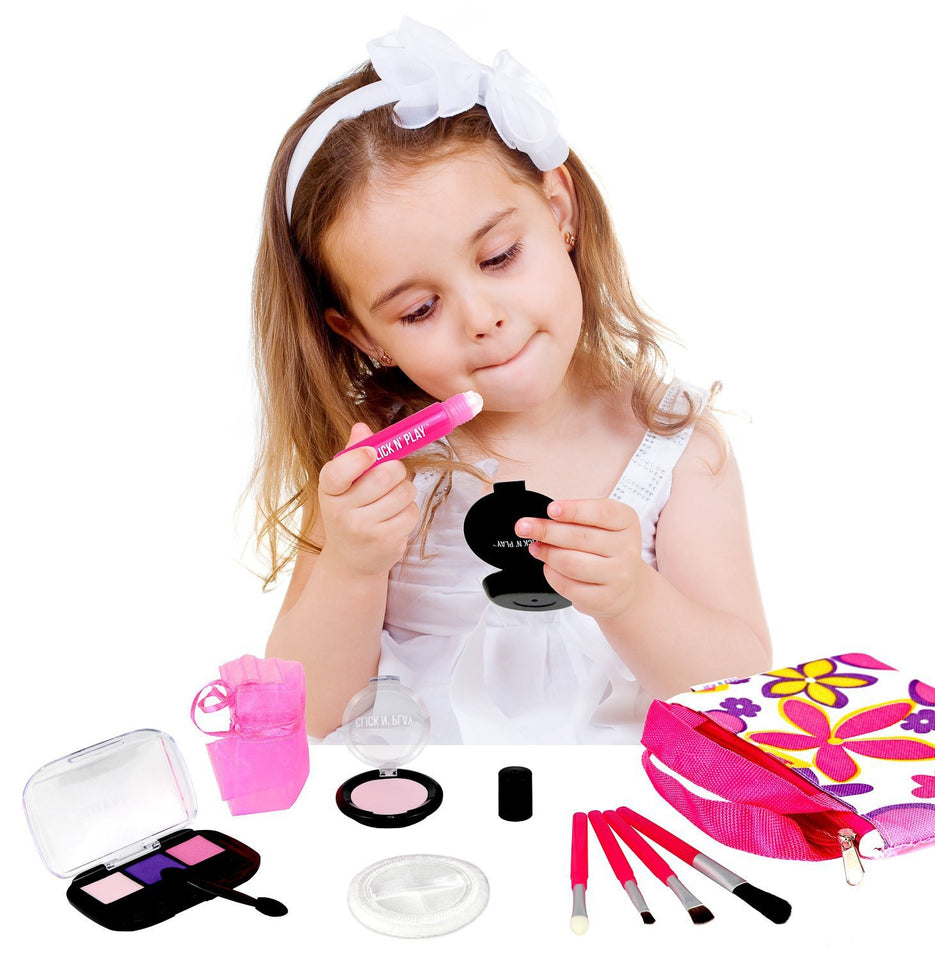 Click N' Play Pretend Play Cosmetic and Makeup Set with Floral Tote Bag