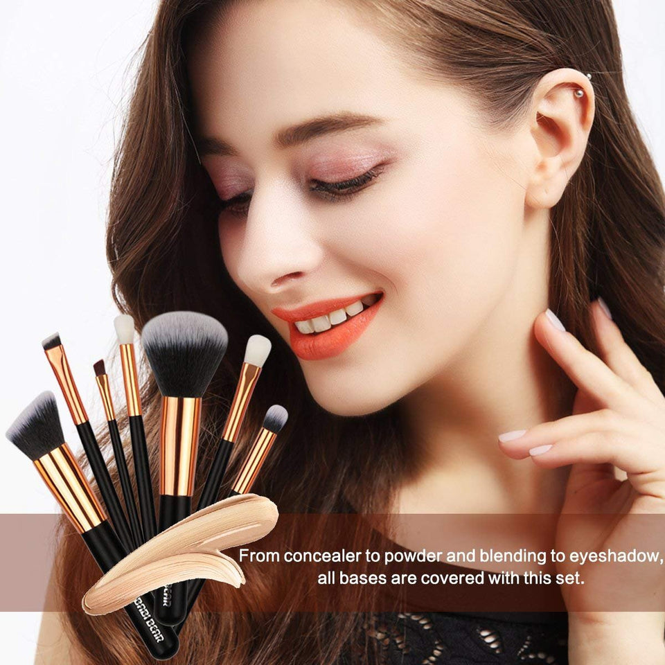 BABI BEAR 15 PCs Makeup Brushes Set Premium Synthetic Kabuki Foundation Brush Professional Wooden Handle Makeup Brush with Makeup Sponge Brush Cleaner and Travel Makeup Bag (15+3pcs,Rose Gold)